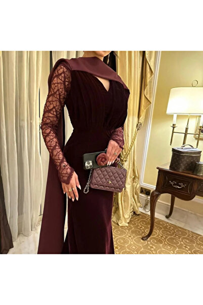 Nice Model A burgundy velvet evening dress with lace sleeves and a luxurious velvet cape.