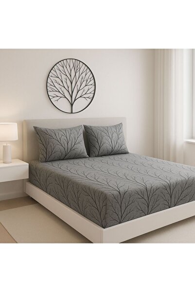uykulife home collection Uykuli̇fe Double Gray Black Branch Pattern Elastic Bed Sheet Set (160X200)