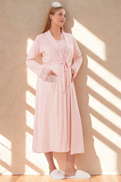 bigmama Kışlık Pembe Dantelii Tam Boy Uzun Sabahlık Gecelik Lohusa Hamile Tak...