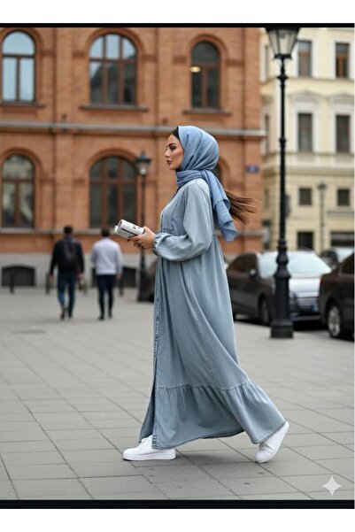 AXXAN Women's Denim Dress, Full-Length, Button-Down, Washed Denim