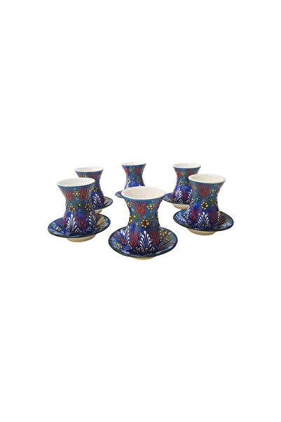EHA Handmade ceramic tea set, 6 glasses, EHA, navy blue with embossed flowers