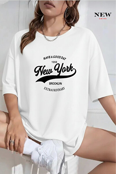 New Shine تي شيرت كبير الحجم مطبوع عليه نيويورك بروكلين