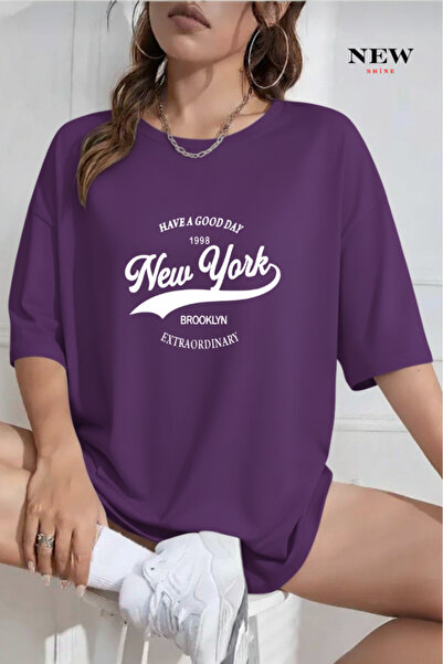 New Shine تي شيرت كبير الحجم مطبوع عليه نيويورك بروكلين