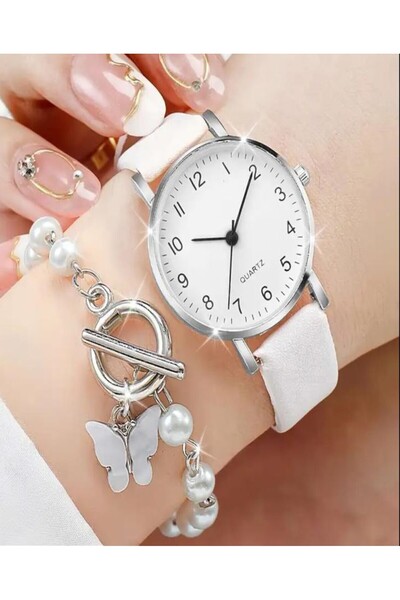 KANERUZ 2-Piece Quartz Women's Wristwatch, Bracelet Set with Pearl and Butter...