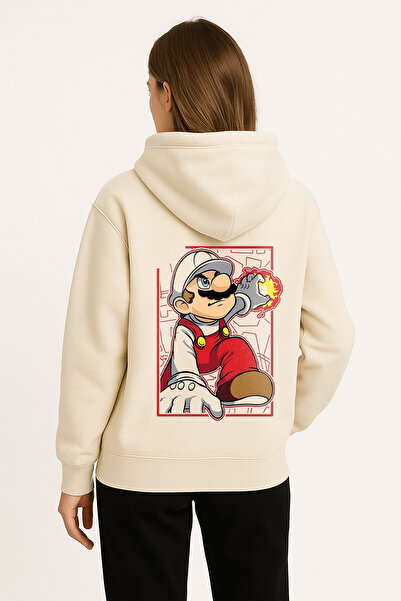 Mr.Thinker 'Mottonu göster' ST.BERNARD Oversize Unisex Hoodie Krem 'Super Mario1' 2T Baskılı