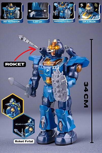 TRENDZONE Pilli Işıklı ve Müzikli Disk Atan Roket Atan Hareketli Savaşçı Robo...