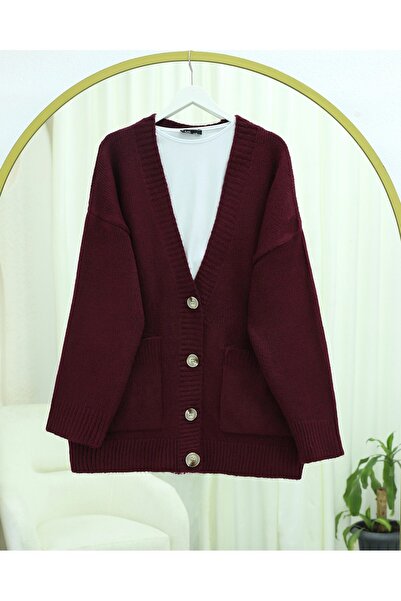 Modamorfo Buttoned Double Pocket Casual Knit Cardigan - Burgundy