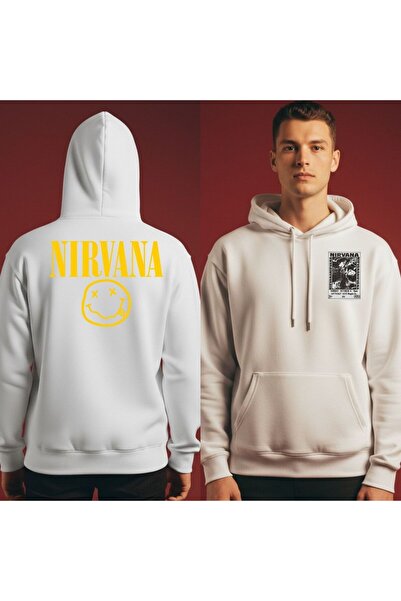 Etoile Studio سويت شيرت للجنسين باللون الأبيض قصة فضفاضة بغطاء رأس تصميم نيرفانا