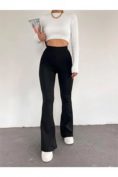 CRNSSWİMWEAR Women's Black High Waist Stretch Fabric No Show Shaping / Sculpting Diver Fabric Flared Leggings Trousers