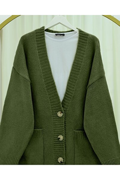 Modamorfo Buttoned Double Pocket Casual Knit Cardigan - Khaki