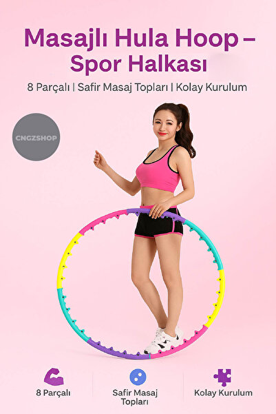 CNGZSHOP Masajlı Hula Hoop 8 Parça | Safirli Spor Halkası – Karın, Bel ve Kal...