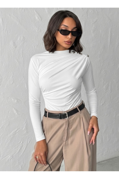 peralist Women's Ecru Boat Neck Buttoned Shoulder Gathered Long Sleeve Sandy Fabric Blouse