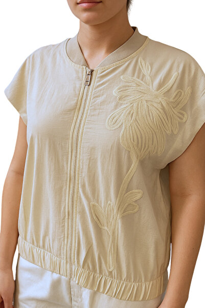 Qualia Butik Women's Beige Embroidered Zippered Vest
