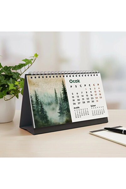 bi'aldım 2026 Orman Masa Takvimi | Üç Aylık Takvim - Önceki Ay Sonraki Ay | Doğa ve Ağaç İllüstrasyonları | M