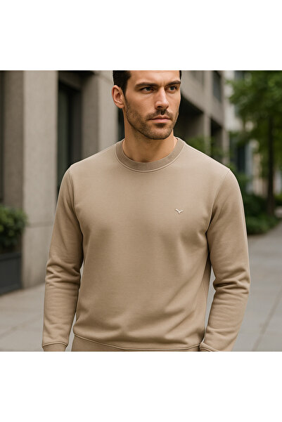 Maccali Men's Crew Neck Trend Long Sleeve Long Beige Sweater