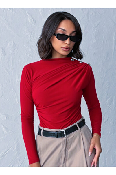 peralist Women's Red Boat Neck Shoulder Buttoned Gathered Long Sleeve Sandy Fabric Blouse