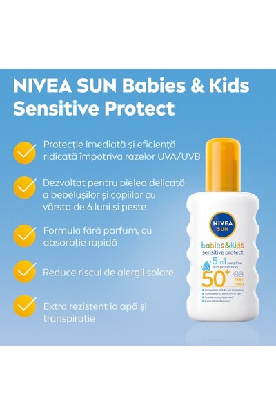 NIVEA SUN Babies & Kids Sensitive Protect 5in1 Sunscreen Spray SPF 50+, 200 ml