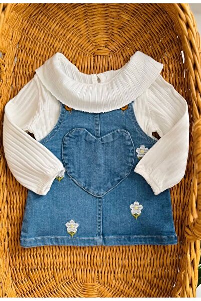 dolaş kids Girl's Flower Embroidered Baby Denim Salopet with Belt