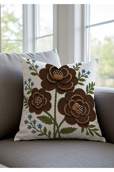 Sakallı Handcrafted Look Brown Floral Patterned 3D Digital B Printed Decorative Throw Pillow Case