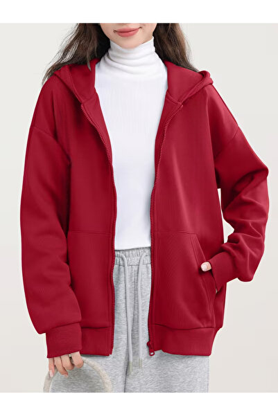 Karatopak Unisex Kanguru Cepli Oversize Kapüşonlu Fermuarlı Sweatshirt / Hırka