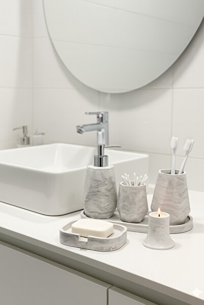 Elizovi طقم حمام فاخر مكون من 6 قطع بملمس رخامي |   حامل صابون، حامل فرشاة، ح...