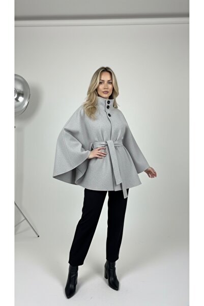 şuranur Stand-Up Collar Belt Detail Premium Poncho Coat