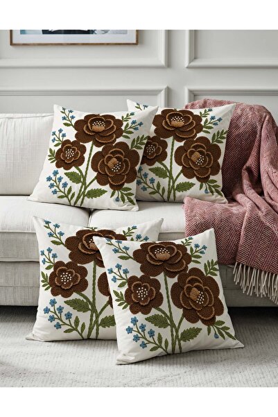 Sakallı Handcrafted Look Brown Floral Patterned 3D Digital B Printed Decorative Throw Pillow Cover Set of 4