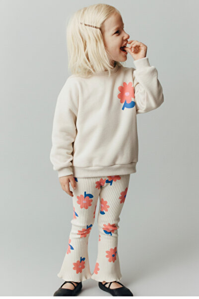 Magu Girl's Cotton Ecru Floral Printed Sweatshirt and Sweatpants Set
