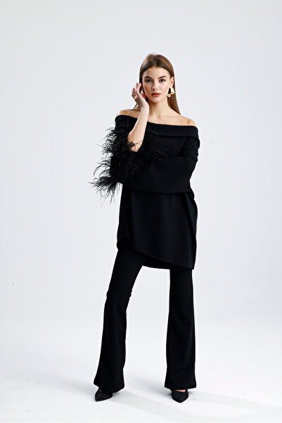 Sense Feather Detailed Off-The-Shoulder Black Blouse – Stylish and Modern Women's Top Wear |   Blz36447 Black