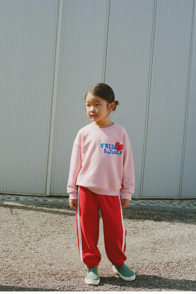 Magu Girl's Cotton Pink Printed Sweatshirt & Red Sweatpants Set – Striped Detail