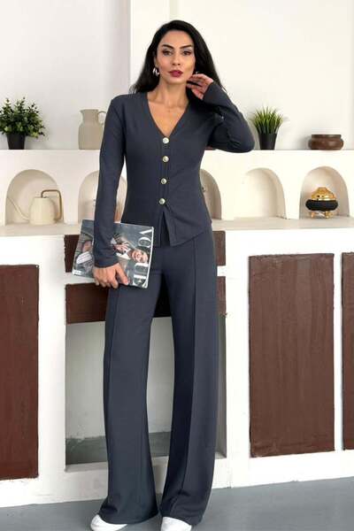 ZISHAN Women's Corded Fabric Piece Textured Set – Buttoned V-Neck Top and Wide Leg Pants – 4 Colors 10145