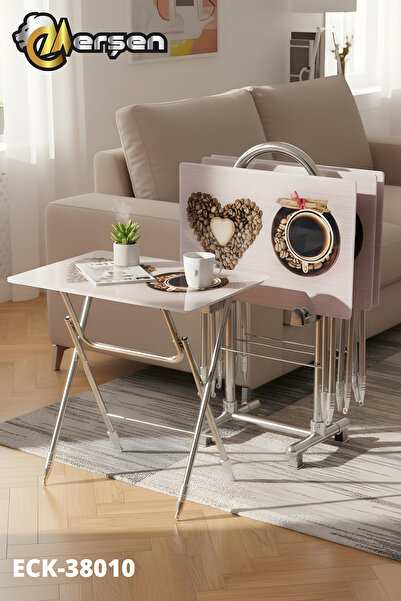 Erşen Sehpa Eranş Serisi 4'lü Katlanır CAM Kahve Desen Çanta Zigon Sehpa Krom...