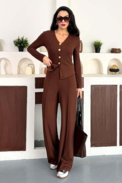 ZISHAN طقم نسائي مكون من قطعتين قماش مجدّل – بلوزة بأزرار ورقبة على شكل حرف V...