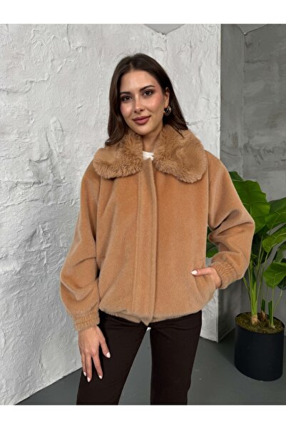 Elif Özbey Butik Premium Camel İi̇thal Kumaş Kürk Mont
