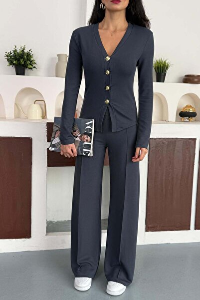 ZISHAN Women's Corded Fabric Piece Textured Set – Buttoned V-Neck Top and Wide Leg Pants – 4 Colors 10145