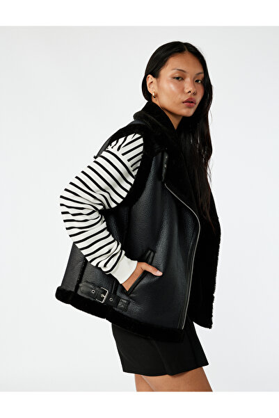 Koton Leather-Look Sleeveless Biker Vest with Faux Fur Collar and Zipper