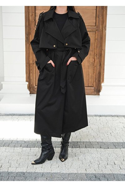 BZ BUTİK Kuşaklı kol apoletli cep detaylı oversize trençkot