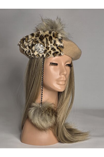 Senbeno Design ÖZGÜN TASARIM LEOPAR KÜRK VE TAŞLI BROŞ DETAYLI BEJ RENK KADIN...