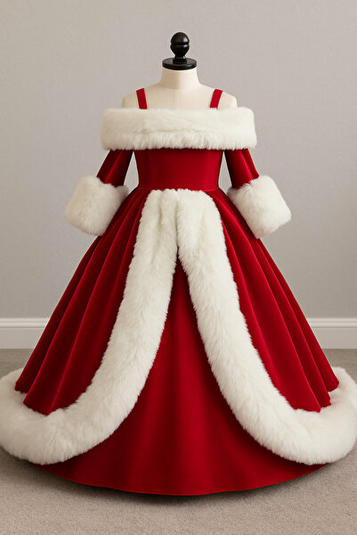 İkrabutikbursa Girl's Red Velvet New Year's Dress