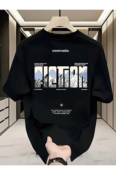 İnazuma Outdoors تيشيرت أسود مطبوع رسومات جبال مختلطة ، قصة فضفاضة للجنسين، ب...