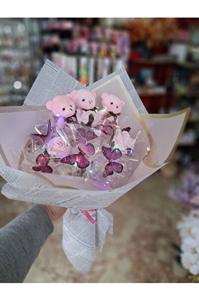 Merveparti Kelebekli Ledli Ayıcık buketi Öğretmenler günü hediye Sevgiliye eş...