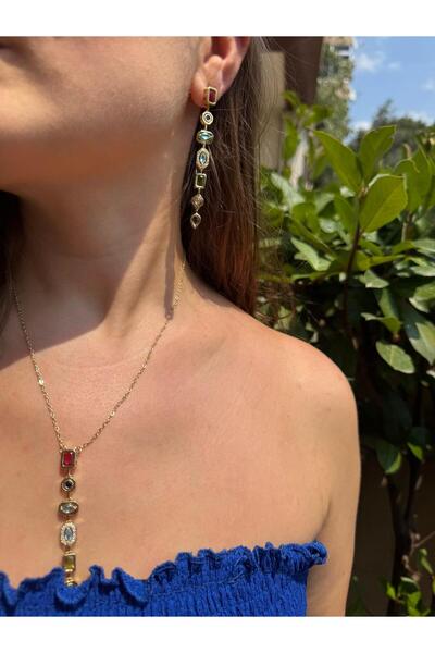 EKA TASARIM RENKİ TAŞLI TASARIM Y KOLYE VE KÜPE GOLD