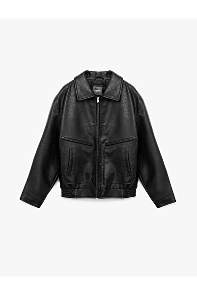 Koton Slim Fit Long Sleeve Zipper Shirt Collar Faux Leather Jacket