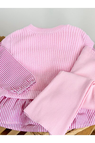 Magu Girl's Cotton Pink Knitwear Three-Piece Set – Striped Ruffle Detail