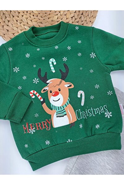 Butik Boys and Girls Christmas Themed Printed Hooded Tracksuit Set 3 Thread Fleece Lined Winter Wear