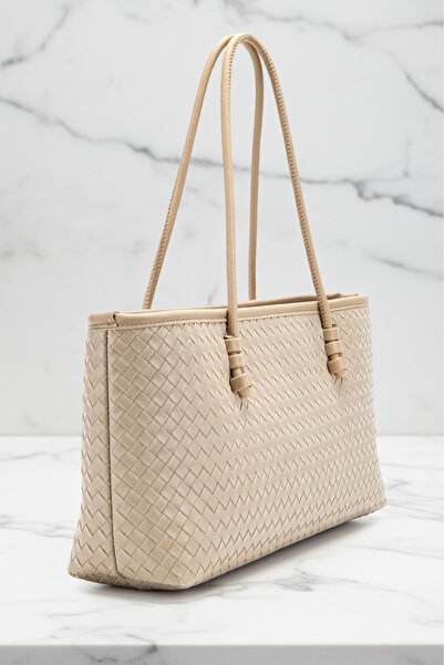 Biçanta Light Mink Color Knitted Leather Zippered Compartment Large Size Soft Women's Shoulder Bag