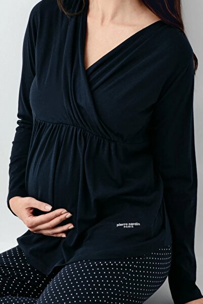 Pierre Cardin Navy Blue Polka Dot Cotton Modal Maternity & Postpartum Pajama Set Thlv9R49Pc