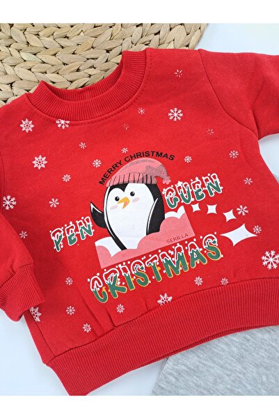 Butik Boys and Girls Christmas Themed Printed Hooded Tracksuit Set 3 Thread Fleece Lined Winter Wear