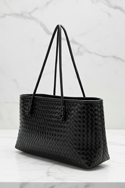 Biçanta Black Color Knitted Leather Zippered Compartment Large Size Soft Women's Shoulder Bag