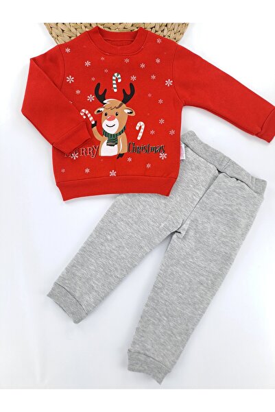 Butik Boys and Girls Christmas Themed Printed Hooded Tracksuit Set 3 Thread Fleece Lined Winter Wear